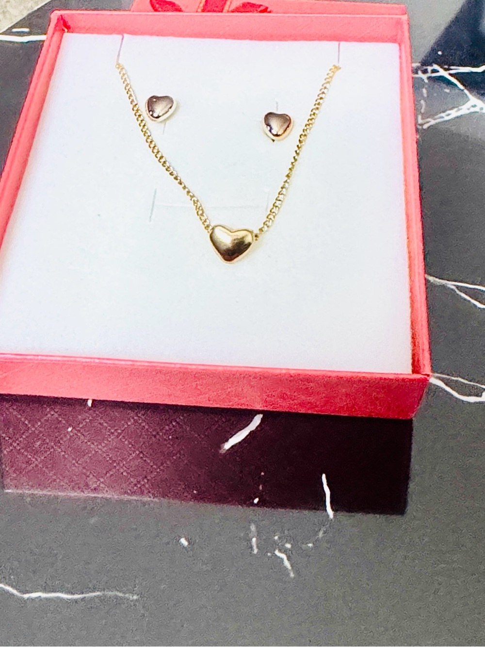Gold Heart Pendant Necklace and Stud Earrings Set - Polished Gold